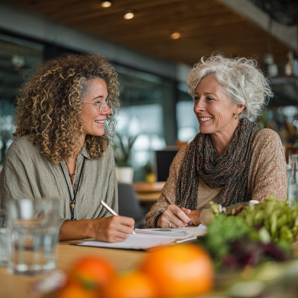 Professional nutritionist consulting with a middle-aged woman in her 40s about healthy meal planning in a modern bright office setting