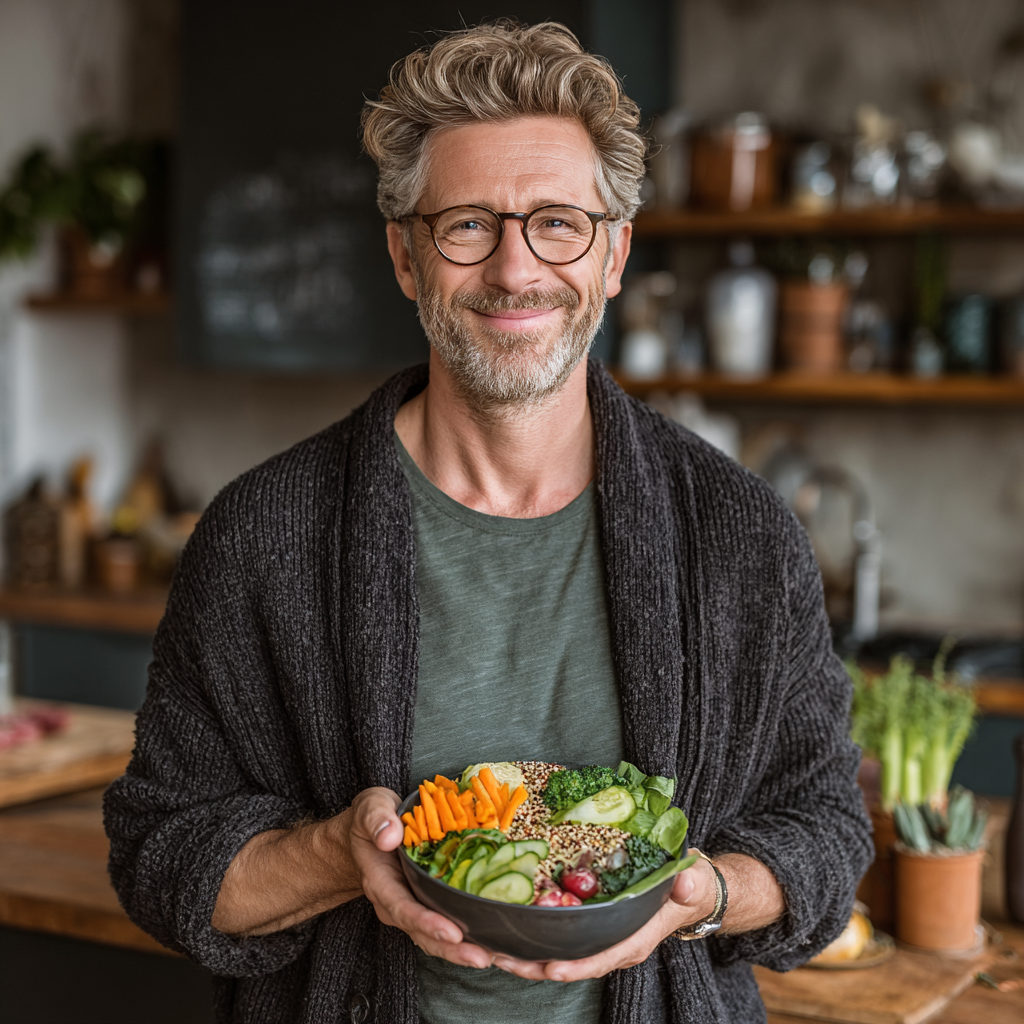 Smiling middle-aged man in his 50s holding a colorful healthy meal bowl with fresh vegetables and grains in a bright modern kitchen